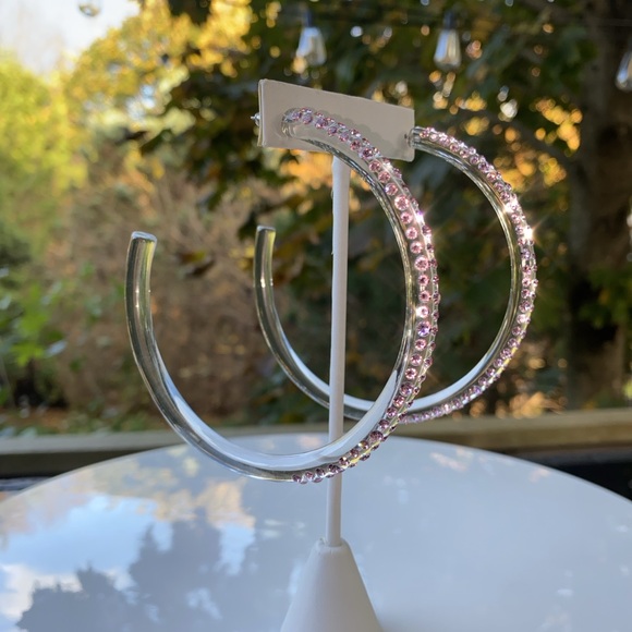Large Oversized Clear Acrylic Hoop Earrings with Pink Swarovski Crystals - Picture 4 of 14